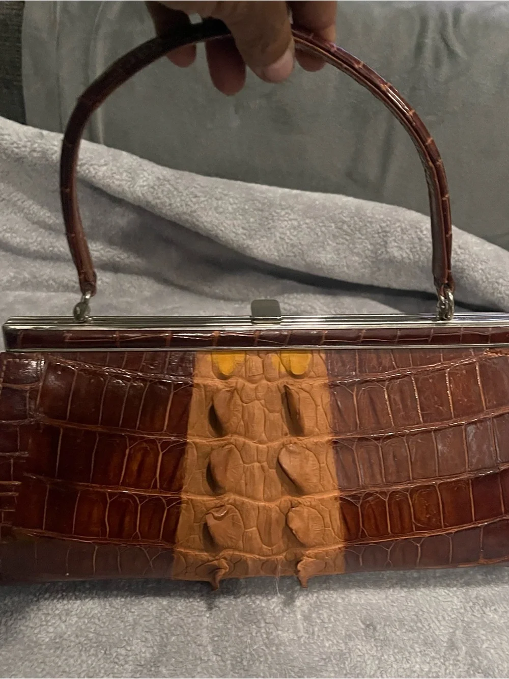 Unbranded Crocodile-Embossed Brown Leather Top-Handle Clutch with Kiddlock